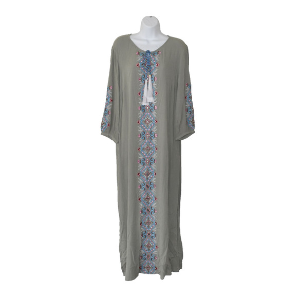 A8 NEW SOFT SURROUNDINGS Sicily Gauze Embroidered Olive Rayon Maxi Dress Size L - Picture 1 of 6